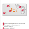 Termostat z wyświetlaczem cyfrowym pokazującym temperaturę 19,5°C oraz elementami sterującymi, w tym przyciskami do regulacji temperatury oraz wskaźnikiem LED Wi-Fi. Na urządzeniu znajdują się oznaczenia dla diody sygnalizacyjnej, przełącznika trybu pracy i wskaźnika Wi-Fi.