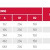 Tabela z danymi technicznymi modelu F120 Wi-Fi, zawierająca parametry dotyczące mocy (500-2500 W), wymiarów (S, W, G, A, B1, B2), długości przewodu, wagi oraz numeru referencyjnego.