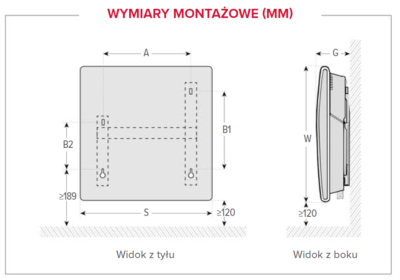 Schemat przedstawiający wymiary montażowe przedmiotu, z widokiem z tyłu oraz z boku, zawierający oznaczenia takie jak A, B1, B2, S, G i W oraz odpowiednie wymiary w milimetrach.